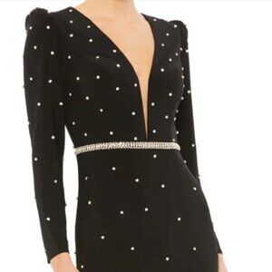 Belted Jewel Encrusted Plunge Neck Long Sleeve Go… - image 1